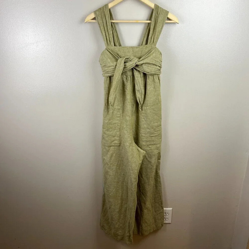Madewell Cap Sleeve Tie Jumpsuit Size 00 Green Linen Blend Minimal Preppy Casual - Picture 2 of 12